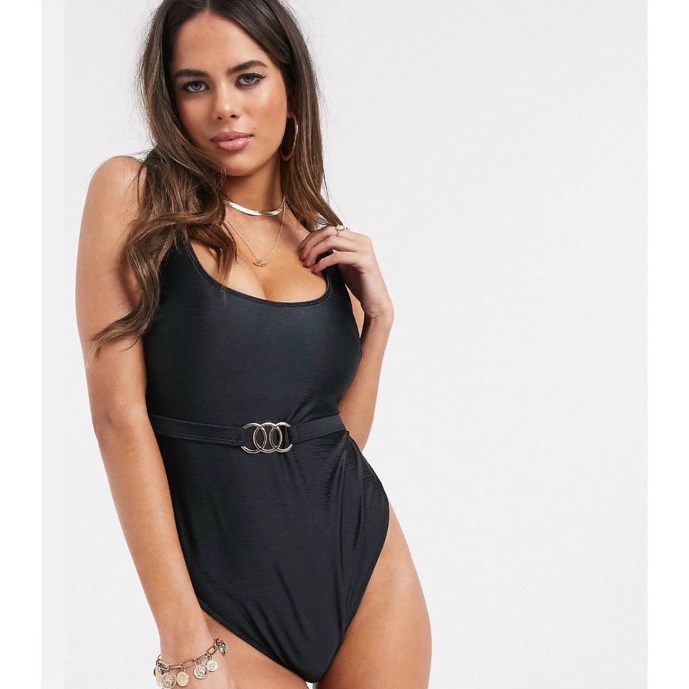 Wolf & Whistle Fuller Bust Exclusive Eco double belt high leg swimsuit in black